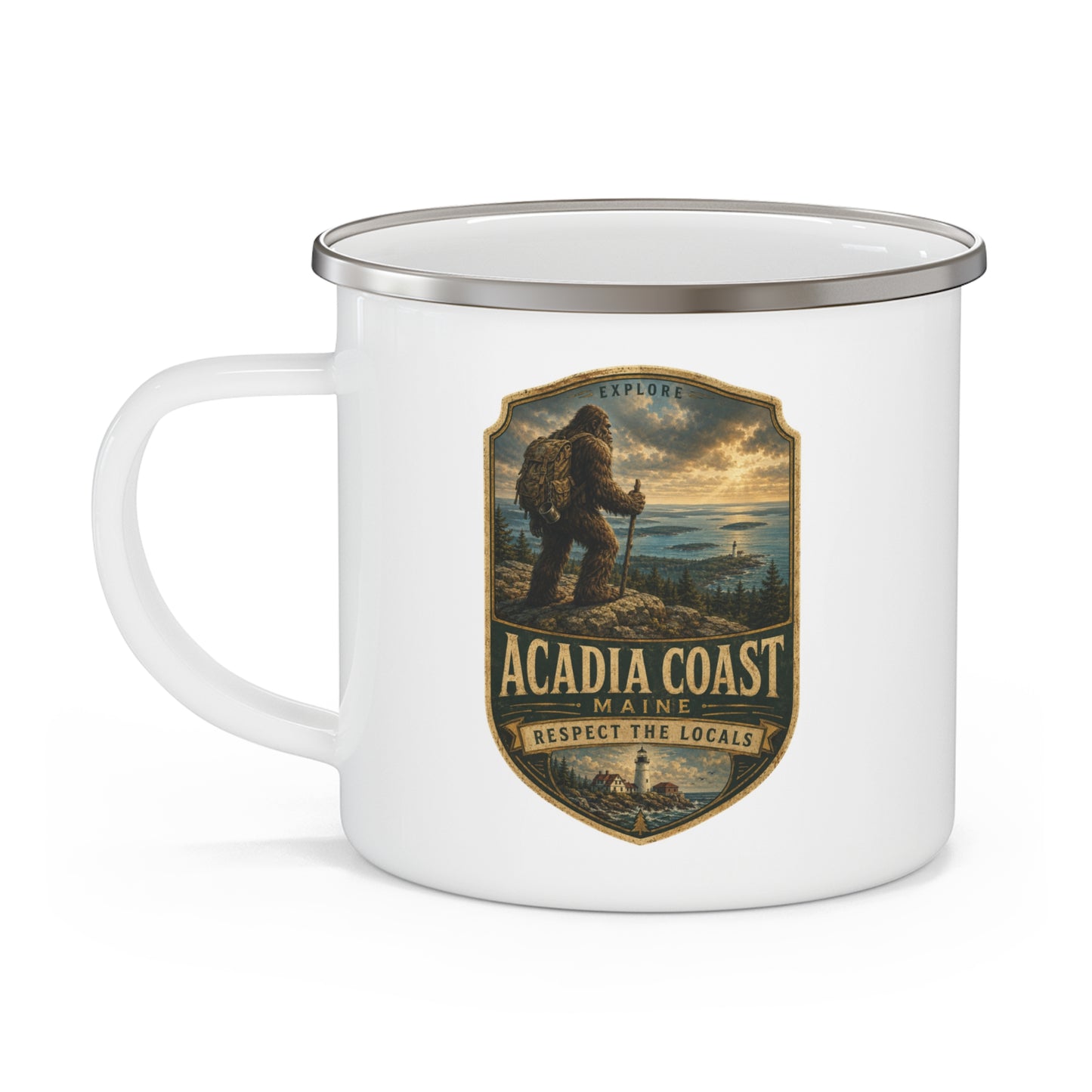 Acadia Coast Maine Badge Enamel Camping Mug | Vintage Bigfoot Hike Patch