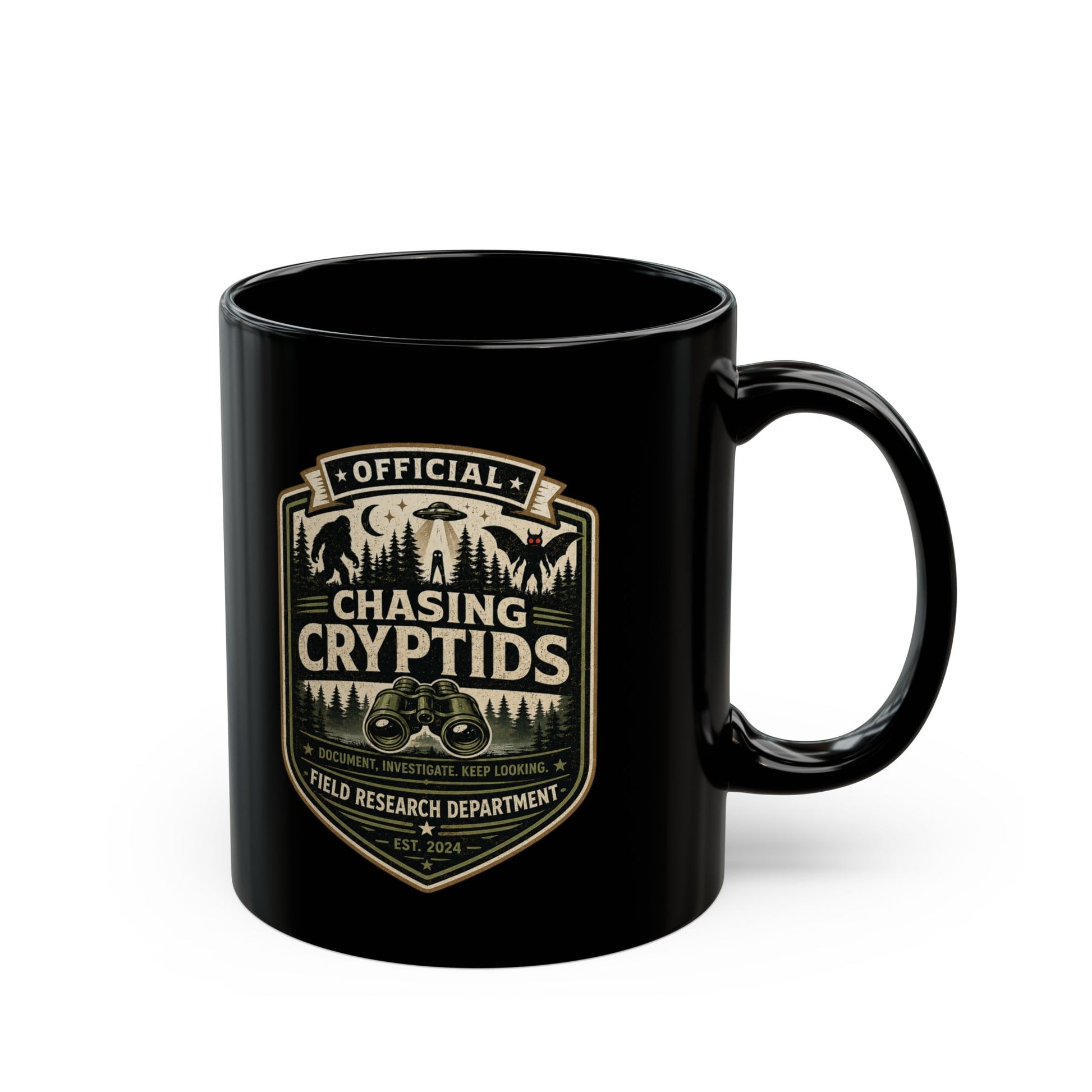 Chasing Cryptids official field research black ceramic coffee mug