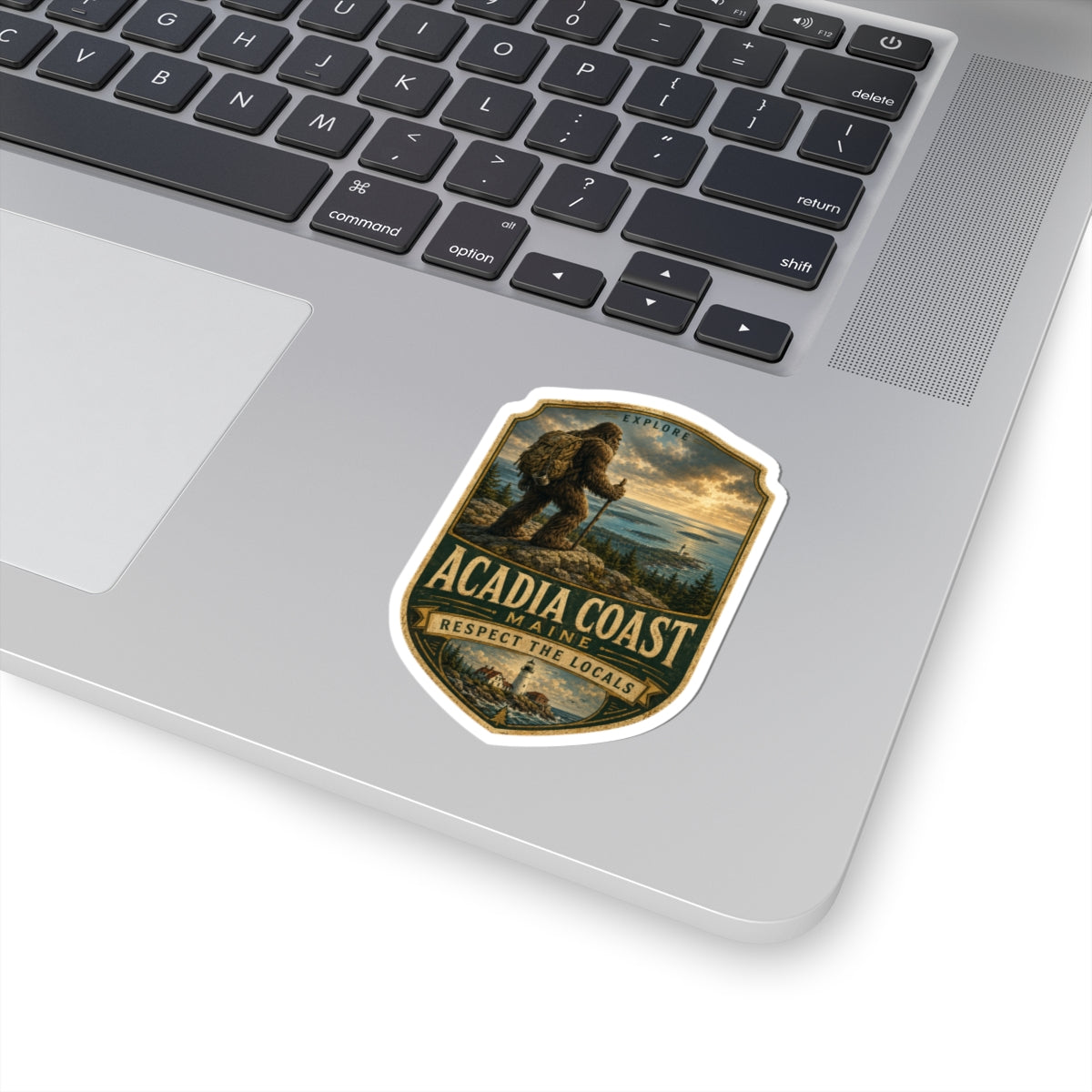 Acadia Coast Maine Sasquatch/Bigfoot Sticker | Scenic Lighthouse Badge, Explore Respect the Locals