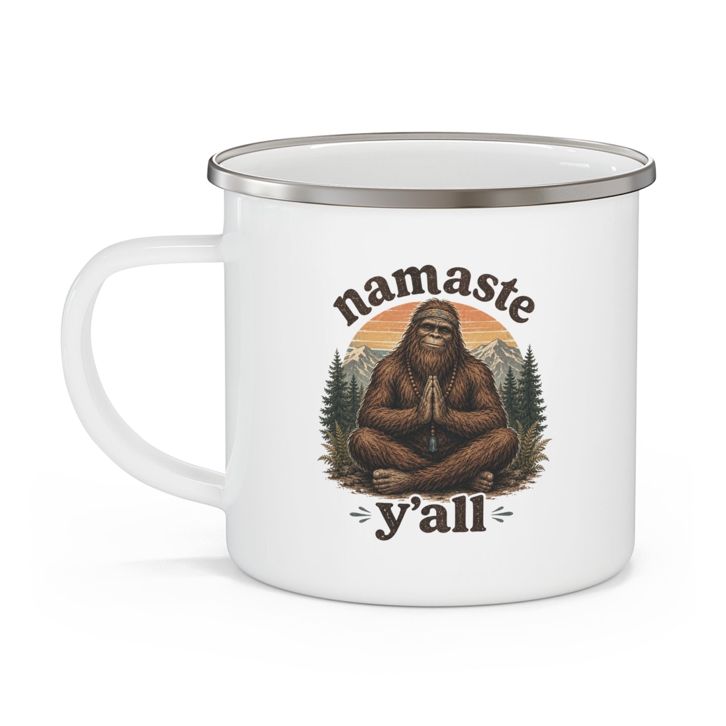 Namaste Y'all Bigfoot Meditation Enamel Mug | Sasquatch Yoga Camping Cup