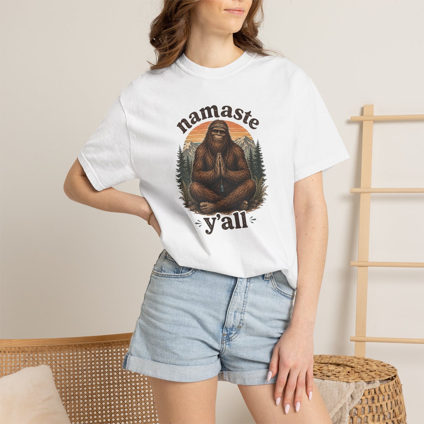 Namaste Y'all Bigfoot Sasquatch T-Shirt | Yoga Forest Illustration