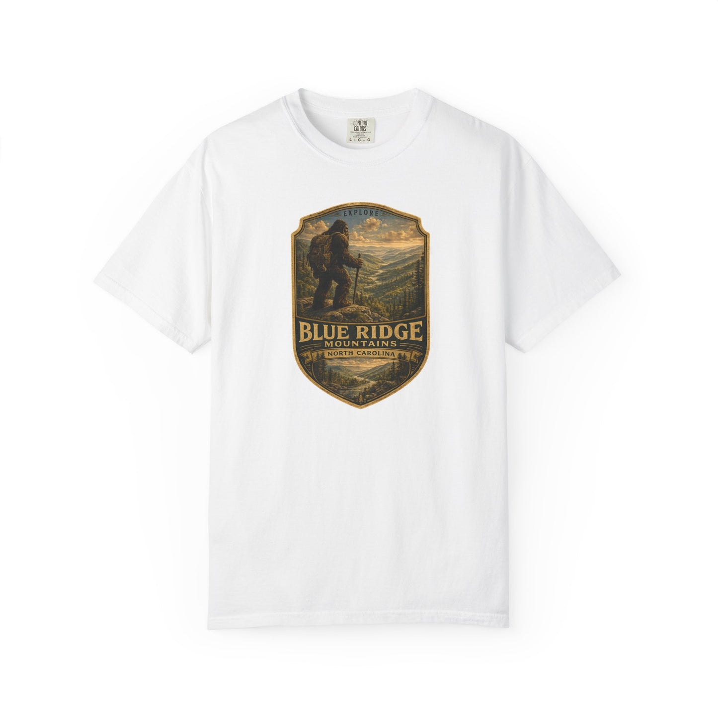 Blue Ridge Mountains Badge Bigfoot Design T-Shirt | Hiking Nature Retro