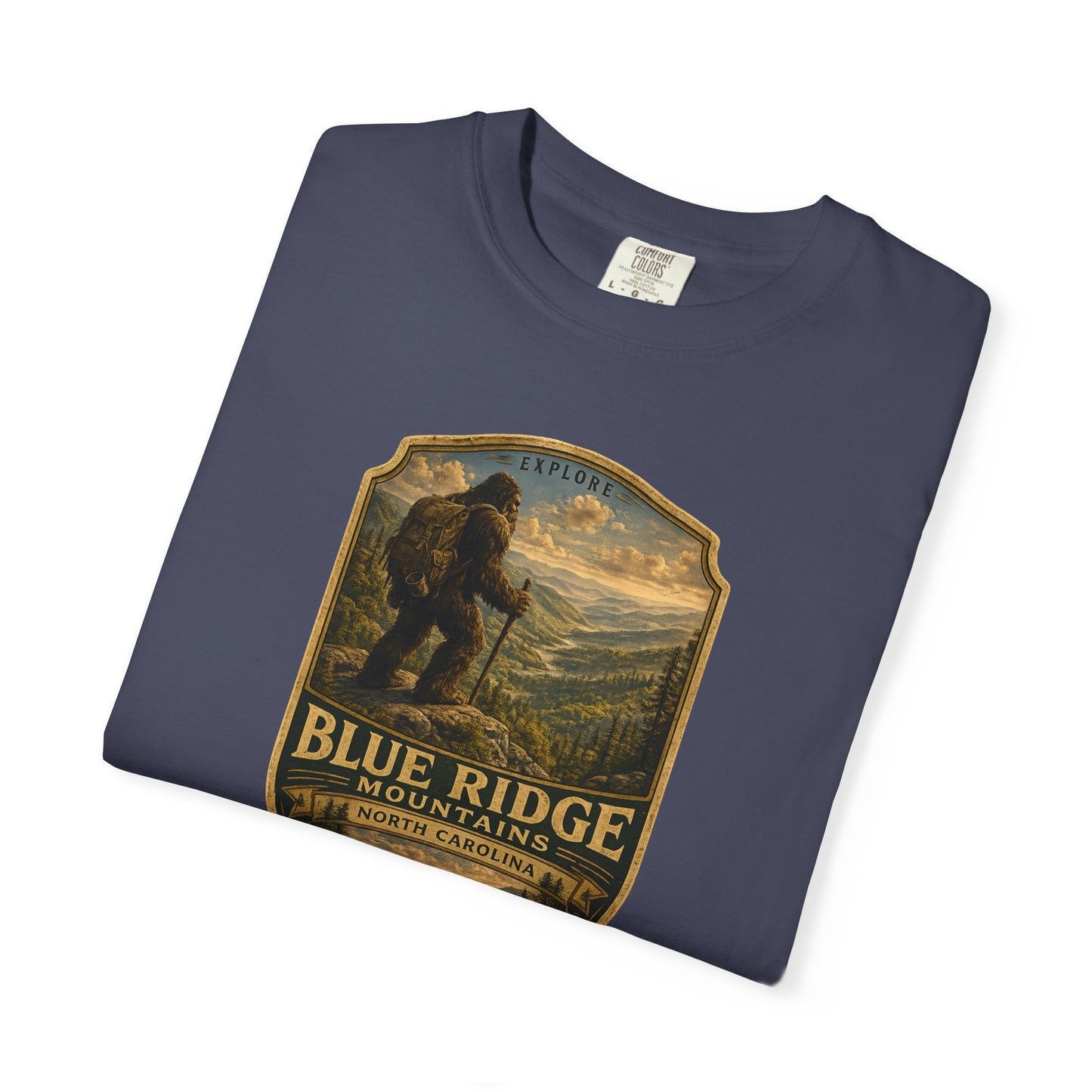 Blue Ridge Mountains Badge Bigfoot Design T-Shirt | Hiking Nature Retro
