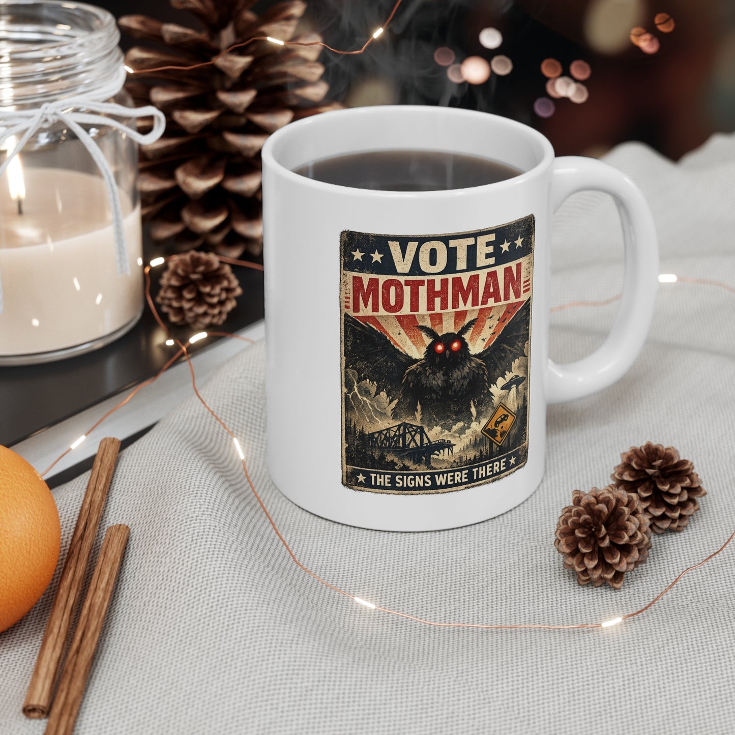 Vote Mothman Mug | Retro Cryptid Poster, Strange Creature Coffee Cup