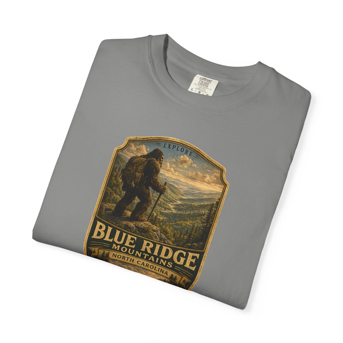 Blue Ridge Mountains Badge Bigfoot Design T-Shirt | Hiking Nature Retro