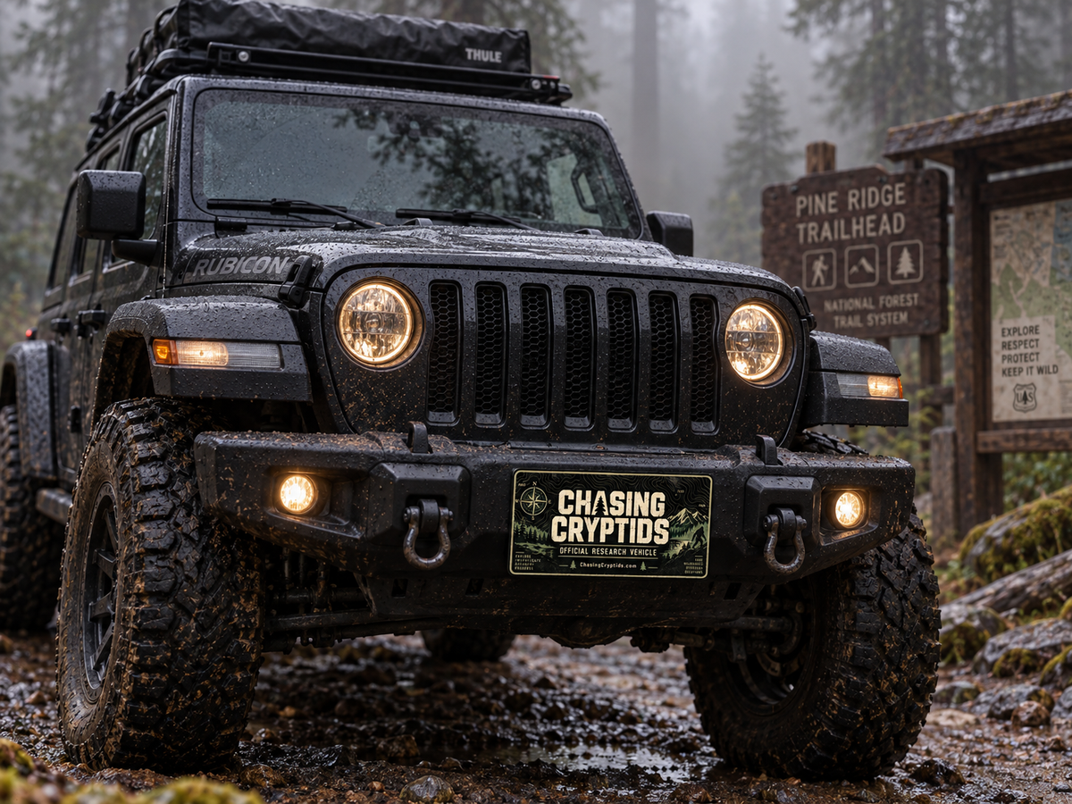 Chasing Cryptids Official Research Vehicle Plate | Bigfoot Front License Plate | Cryptid Field Research Jeep Accessory | Sasquatch Decor