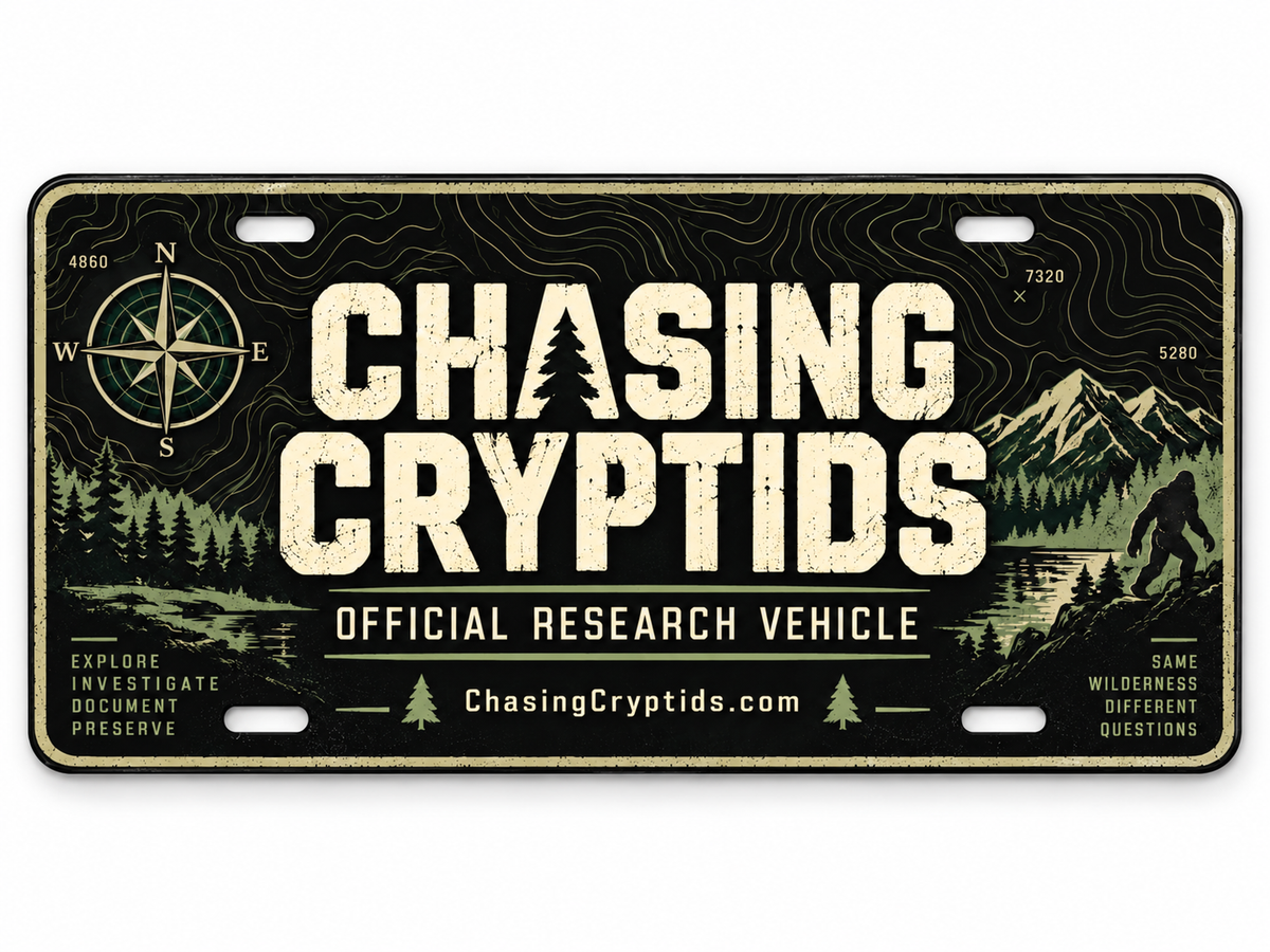 Chasing Cryptids Official Research Vehicle Plate | Bigfoot Front License Plate | Cryptid Field Research Jeep Accessory | Sasquatch Decor