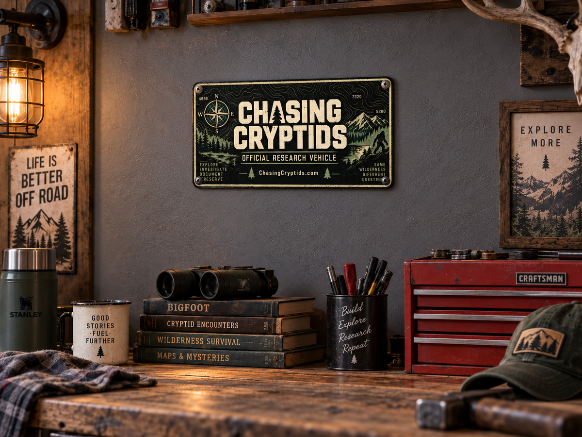 Chasing Cryptids Official Research Vehicle Plate | Bigfoot Front License Plate | Cryptid Field Research Jeep Accessory | Sasquatch Decor