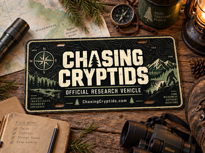 Chasing Cryptids Official Research Vehicle Plate | Bigfoot Front License Plate | Cryptid Field Research Jeep Accessory | Sasquatch Decor